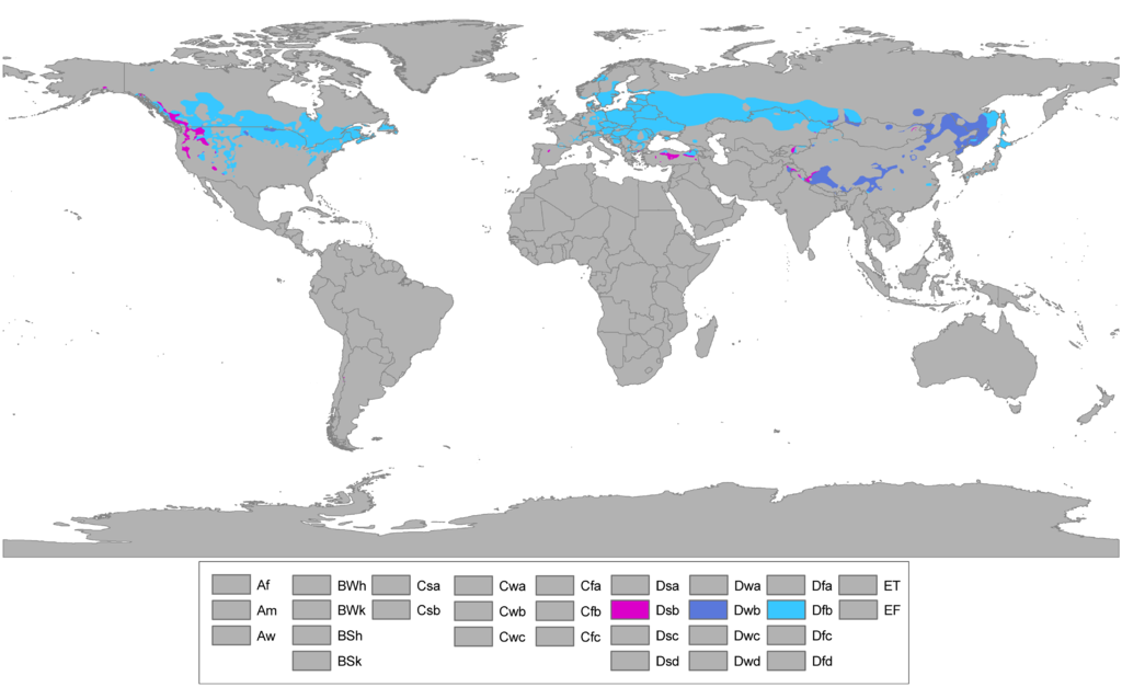 Map showing regions with Humid continental climates (Warm summer subtype)