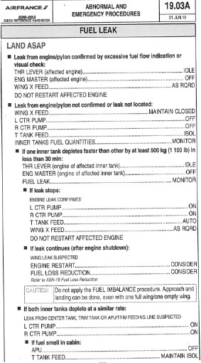 A332 en route CAR 2020 QRH fuel leak