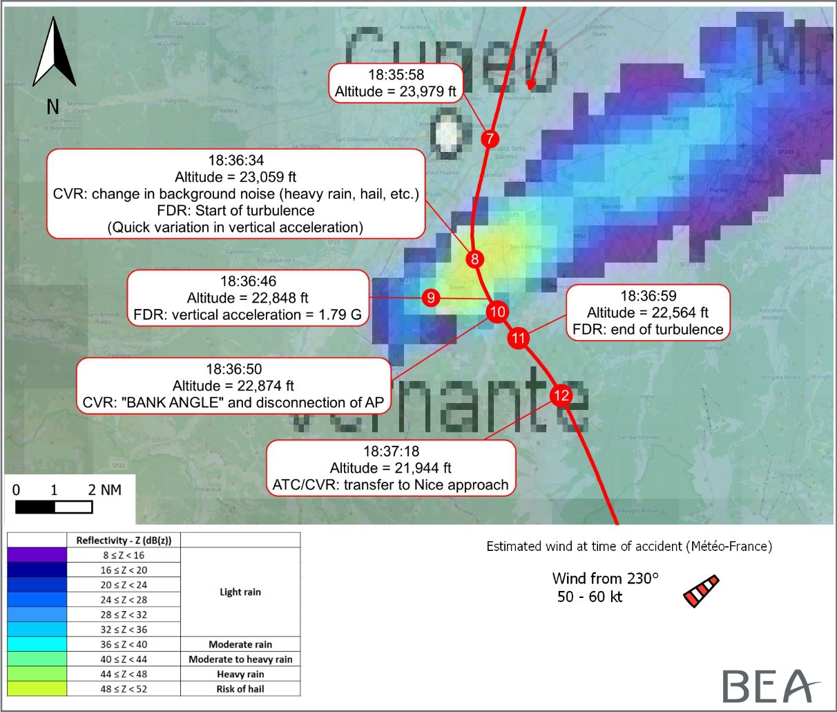 B738 near Cuneo 2021 ground track & radar Cb