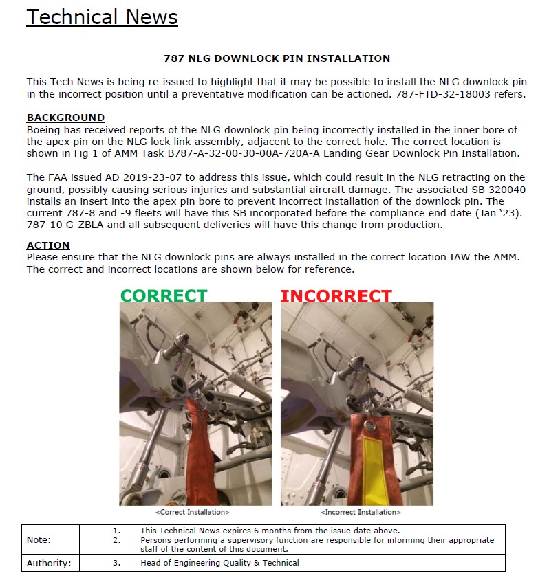 B788 LHR 2021 Technical News item on pin fitting