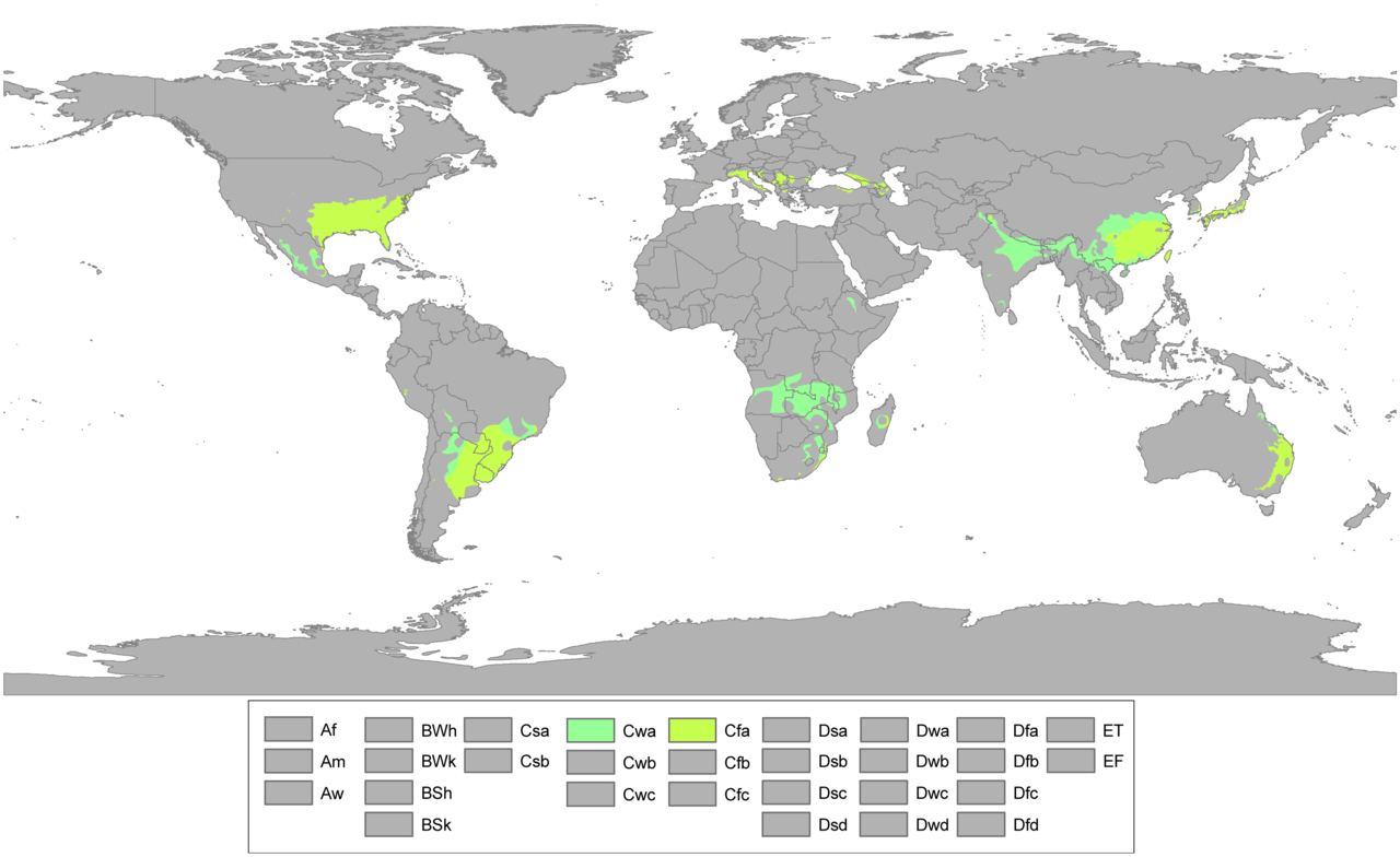 Humid subtropical climate zones